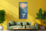 Luminous moon over pine cliffs and winding river, steel blue and amber tones, japandi landscape wall art canvas for bedroom