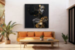 Female figure dissolving in gold leaf fragments, dark charcoal and rich gold digital art portrait canvas for living room