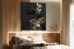 Female figure dissolving in gold leaf fragments, dark charcoal and rich gold digital art portrait canvas for living room