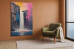 Acrylic waterfall painting in magenta, amber and navy with paint drips, bold contemporary canvas wall art
