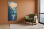 Luminous moon over pine cliffs and winding river, steel blue and amber tones, japandi landscape wall art canvas for bedroom