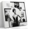 Female figure in black dress with geometric frames and spheres, high-contrast monochrome collage canvas art for living room