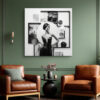 Female figure in black dress with geometric frames and spheres, high-contrast monochrome collage canvas art for living room