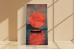 Boat silhouette beneath a vivid red-orange sun with teal-grey sky, dramatic mixed-media portrait canvas wall art