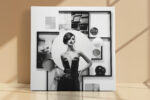 Female figure in black dress with geometric frames and spheres, high-contrast monochrome collage canvas art for living room