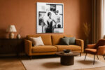 Female figure in black dress with geometric frames and spheres, high-contrast monochrome collage canvas art for living room