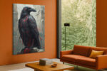 Armored fantasy raven with glowing red runic glyphs on stone ruins, moody dark digital art canvas print for living room