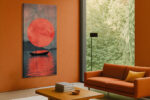 Boat silhouette beneath a vivid red-orange sun with teal-grey sky, dramatic mixed-media portrait canvas wall art