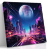 Futuristic neon cityscape with giant planet and skyscrapers in vivid magenta and blue, bold sci-fi canvas wall art