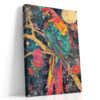 Vivid macaw parrot on golden branch under full moon, jewel-toned tropical mixed-media portrait canvas wall art