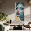 Geometric line-hatching portrait of a woman in teal and amber, bold illustration canvas print for living room or home office