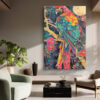 Vivid macaw parrot on golden branch under full moon, jewel-toned tropical mixed-media portrait canvas wall art