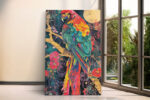 Vivid macaw parrot on golden branch under full moon, jewel-toned tropical mixed-media portrait canvas wall art