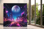 Futuristic neon cityscape with giant planet and skyscrapers in vivid magenta and blue, bold sci-fi canvas wall art