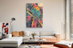 Vivid macaw parrot on golden branch under full moon, jewel-toned tropical mixed-media portrait canvas wall art