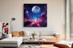 Futuristic neon cityscape with giant planet and skyscrapers in vivid magenta and blue, bold sci-fi canvas wall art
