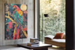 Vivid macaw parrot on golden branch under full moon, jewel-toned tropical mixed-media portrait canvas wall art