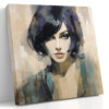 Woman's portrait in warm sand, teal and navy-purple, mosaic brushstroke oil painting style canvas for living room