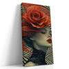 Woman's face with oversized red rose and Op Art swirling stripes, bold dramatic portrait canvas wall art