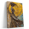 Female figure silhouetted against golden orb, dramatic oil painting style portrait canvas for living room or hallway