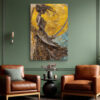 Female figure silhouetted against golden orb, dramatic oil painting style portrait canvas for living room or hallway