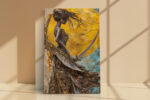 Female figure silhouetted against golden orb, dramatic oil painting style portrait canvas for living room or hallway
