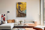 Female figure silhouetted against golden orb, dramatic oil painting style portrait canvas for living room or hallway