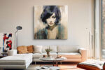 Woman's portrait in warm sand, teal and navy-purple, mosaic brushstroke oil painting style canvas for living room