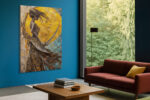 Female figure silhouetted against golden orb, dramatic oil painting style portrait canvas for living room or hallway