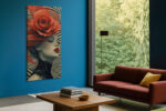 Woman's face with oversized red rose and Op Art swirling stripes, bold dramatic portrait canvas wall art