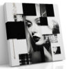 High-contrast woman's portrait with geometric black collage panels and gold pipette, mixed-media square canvas art
