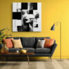 High-contrast woman's portrait with geometric black collage panels and gold pipette, mixed-media square canvas art