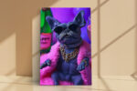 French bulldog in pink fur coat toasting with champagne, bold jewel-tone pop art portrait canvas for bedroom or living room
