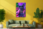 French bulldog in pink fur coat toasting with champagne, bold jewel-tone pop art portrait canvas for bedroom or living room