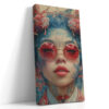 Female portrait with crimson sunglasses and blue dragon filigree, bold digital art canvas for living room or home office
