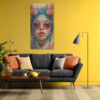 Female portrait with crimson sunglasses and blue dragon filigree, bold digital art canvas for living room or home office