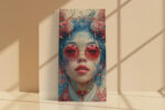 Female portrait with crimson sunglasses and blue dragon filigree, bold digital art canvas for living room or home office