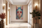 Female portrait with crimson sunglasses and blue dragon filigree, bold digital art canvas for living room or home office