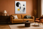 Bold abstract geometric circle and arc mixed-media wall art in cream, black and gold for a living room or home office