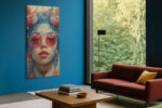 Female portrait with crimson sunglasses and blue dragon filigree, bold digital art canvas for living room or home office