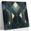 Geometric diamond and chevron art deco pattern in deep navy and warm gold, bold wall art canvas for living room