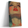 Woman's face with red lips and floral hair, paint drip mixed-media portrait canvas for bedroom or living room
