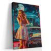 Woman and 1950s Chevrolet-style car at a moonlit diner, bold pop-art retro illustration canvas for living room
