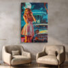Woman and 1950s Chevrolet-style car at a moonlit diner, bold pop-art retro illustration canvas for living room