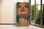 Woman's face with red lips and floral hair, paint drip mixed-media portrait canvas for bedroom or living room
