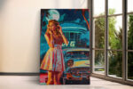 Woman and 1950s Chevrolet-style car at a moonlit diner, bold pop-art retro illustration canvas for living room