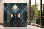 Geometric diamond and chevron art deco pattern in deep navy and warm gold, bold wall art canvas for living room