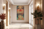 Woman's face with red lips and floral hair, paint drip mixed-media portrait canvas for bedroom or living room