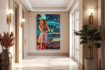 Woman and 1950s Chevrolet-style car at a moonlit diner, bold pop-art retro illustration canvas for living room