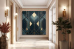 Geometric diamond and chevron art deco pattern in deep navy and warm gold, bold wall art canvas for living room